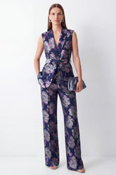 Shawl Lapel 2 Piece Navy Floral Sleeveless Women's Suits with Belt