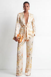 Shawl Lapel 2 Piece Champagne Floral Women's Suits with Belt