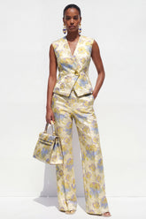 V Neck Brocade Yellow Floral 2 Piece Women Suits