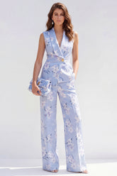 Blue Floral Shawl Lapel 2 Piece Sleeveless Women's Suits