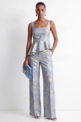 Square Neck Grey Blue Floral 2 Piece Women's Suits