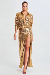 Sparkly 2-Piece Golden Women's Suits with Slit