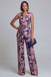 Navy Pink V-Neck Floral 2-Piece Women Suits