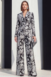 Black Silver Peaked Lapel 2-Piece Jacquard Women's Suits