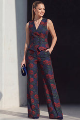 Navy V-Neck Jacquard 2-Piece Women's Suits