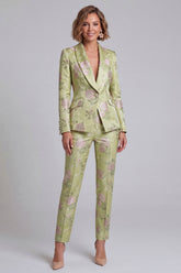 Sage Green Jacquard Shawl Lapel 2-Piece Women's Suits