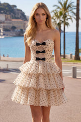 Apricot Black Dot A-Line Tiered Sweetheart Homecoming Dress with Bow