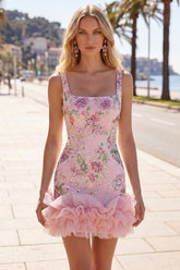 Square Neck Pink Bodycon Floral Ruffled Homecoming Dress