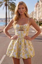 Yellow Spaghetti Straps Floral A-Line Homecoming Dress