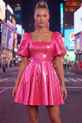 Square Neck Hot Pink A Line Metallic 80s Homecoming Dress With Puff Sleeves