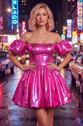 Off The Shoulder A Line Fuchsia Metallic 80s Homecoming Dress