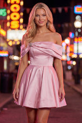 Pink Off The Shoulder A Line 80s Homecoming Dress With Beading
