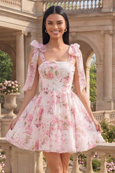 White Pink Floral A-Line Chiffon Homecoming Dress