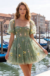 Dusty Sage Print Corset A Line Square Neck Homecoming Dress With Puff Sleeves