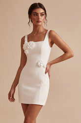 Square Neck Bodycon Corset Little White Dress With 3D Flower
