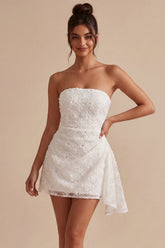 Strapless Floral A Line Lace Little White Dress With Sash