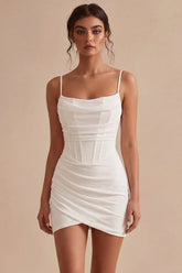 Corset Bodycon Spaghetti Straps Little White Dress With Ruch