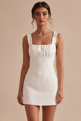 Square Neck Corset Bodycon Little White Dress With Ruch