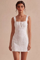 Square Neck Floral Lace Bodycon Little White Dress