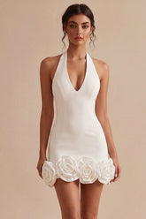 Halter Satin Bodycon Corset Little White Dress With 3D Flower