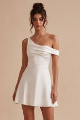 One Shoulder A Line Simple Satin Little White Dress