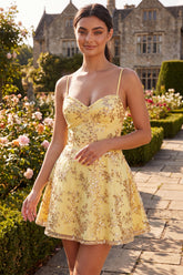 Corset Sequins A Line Yellow Spaghetti Straps Homecoming Dress