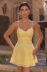 Yellow Floral A Line Spaghetti Straps Homecoming Dress With Beading