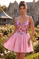 Pink Floral A Line Spaghetti Straps Sequins Homecoming Dress