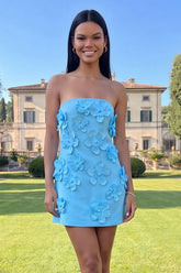 Strapless Blue Floral Homecoming Dress