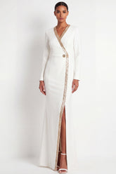 Beige Long Sleeve Sequin Mermaid Formal Dress with Slit
