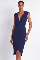 Navy V Neck Bodycon Work Dress with Slit