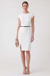 White Round Neck Bodycon Work Dress with Belt