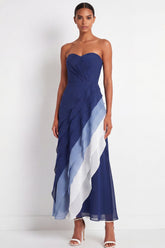 Blue Strapless A Line Ruched Ruffled Maxi Formal Dress