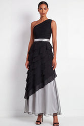 One Shoulder Black A Line Ruched Formal Dress with Ruffles