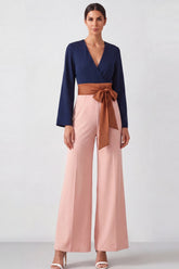 Long Sleeve Brown V Neck Mother of the Bride Jumpsuit with Bow