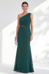 One Shoulder Green Mermaid Ruched Formal Dress