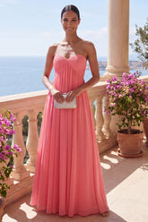 Strapless Pink A Line Pleated Wedding Guest Dress