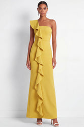 One Shoulder Yellow Mermaid Ruffled Maxi Formal Dress