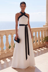 Halter A Line Black White Maxi Formal Dress with Sash