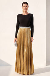 Metallic Long Sleeve A Line Black Golden Maxi Formal Dress