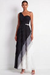One Shoulder Ruched A Line Ruffled Black and White Maxi Formal Dress