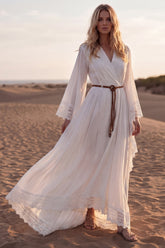 Long Sleeve White A Line Lace Maxi Boho Wedding Dress