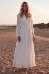 White Ruched Long Sleeve A Line Wedding Dress