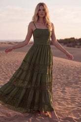 Green A Line Pleated Lace Maxi Casual Dress