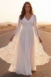 White A Line Long Sleeve Lace Maxi Wedding Dress with Cape