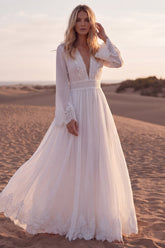 White V Neck Long Sleeve Lace A Line Pleated Wedding Dress