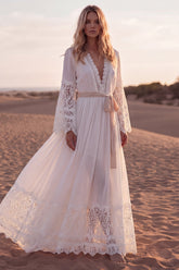 Long Sleeve Lace White A Line Pleated Wedding Dress with Belt