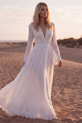 Long Sleeve V Neck Pleated White A Line Wedding Dress with Lace