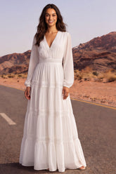 Long Sleeve White A Line Lace Pleated Maxi Wedding Dress