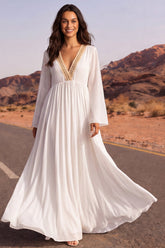 White Long Sleeve A Line Pleated Maxi Wedding Dress